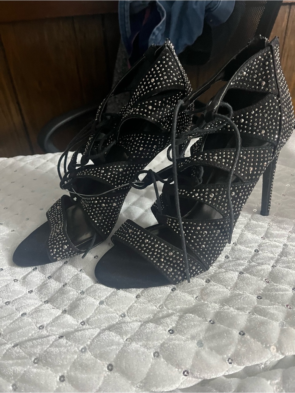 Madden Girl Black Studded Lace-Up Stiletto Sandals